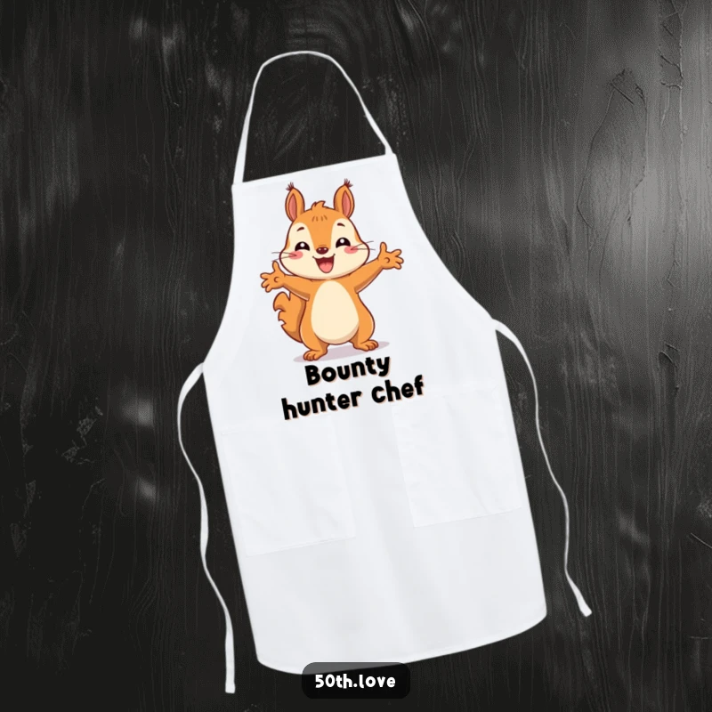 Funny apron with a happy squirrel striking a celebratory pose, perfect for adding humor to culinary tasks.