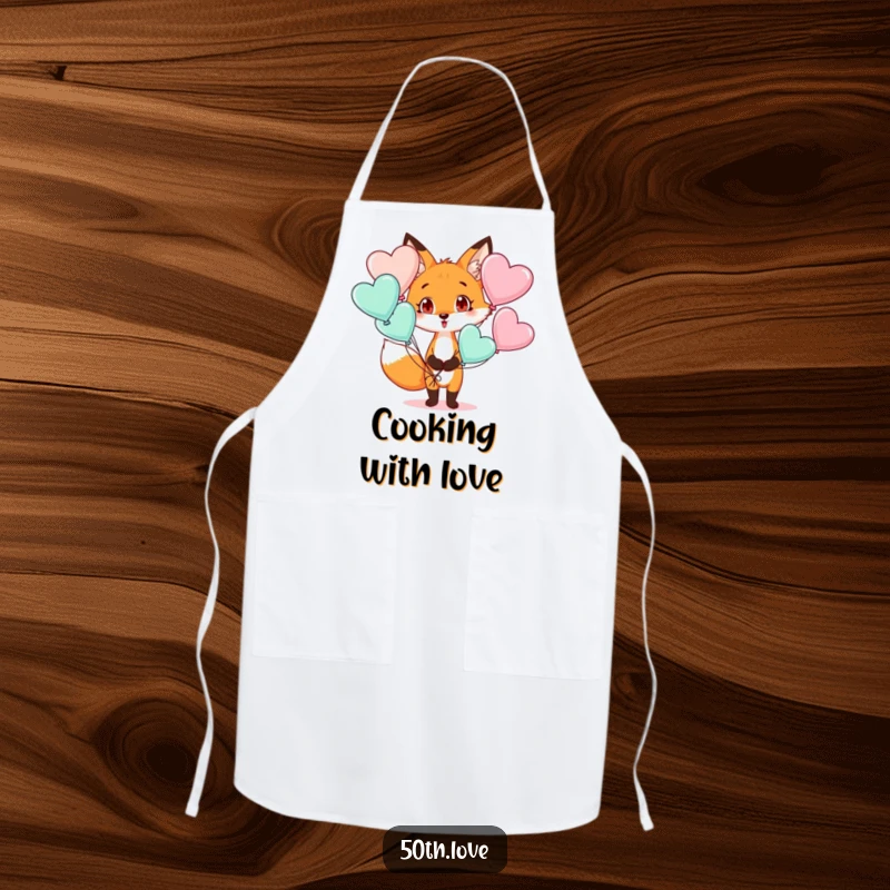 Funny apron with a surprised fox holding heart-shaped balloons, perfect for humorous cooking and baking.