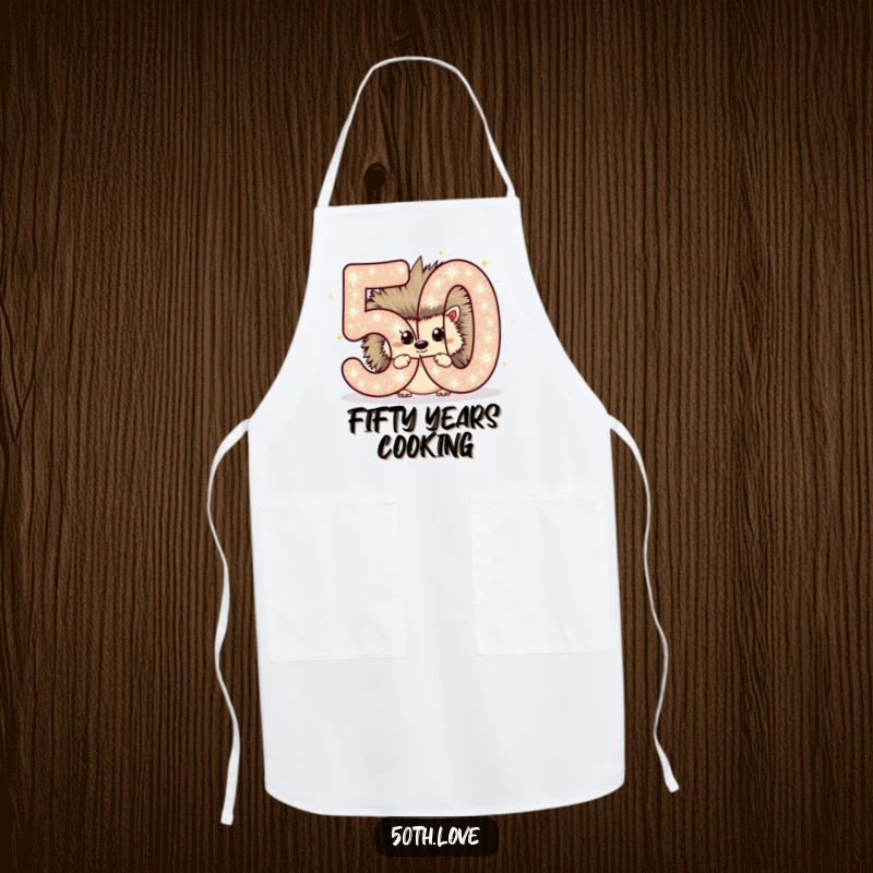 Funny apron with a chubby hedgehog peeking behind a sparkling number 50, perfect for a 50th birthday party.