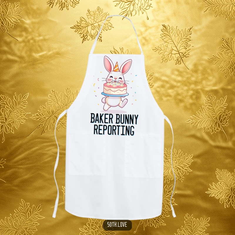 Funny 'Bunny Cake' Apron: A hopping bunny presents a confetti-covered cake, ready to add fun to baking.