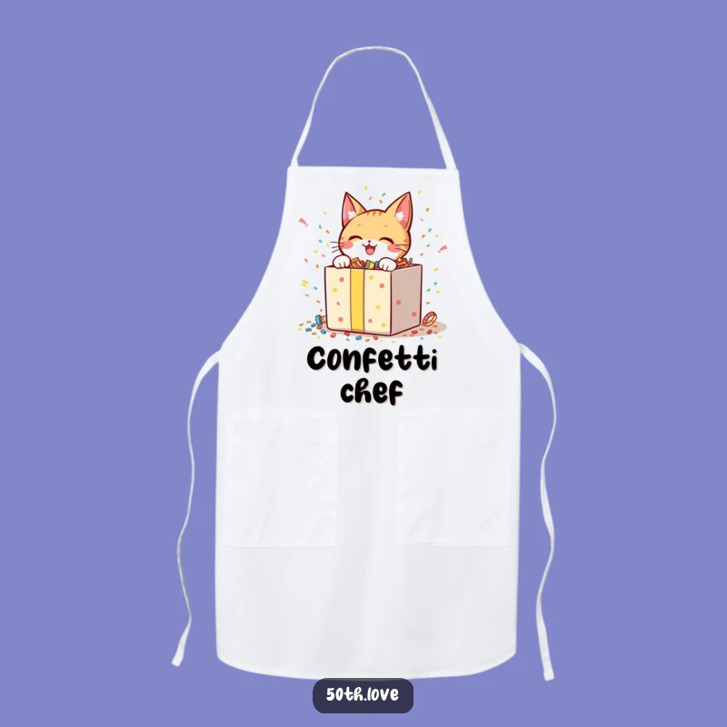 Funny Cat Unboxing Apron: Cheerful Character Opening Confetti Gift Kitchen Wear