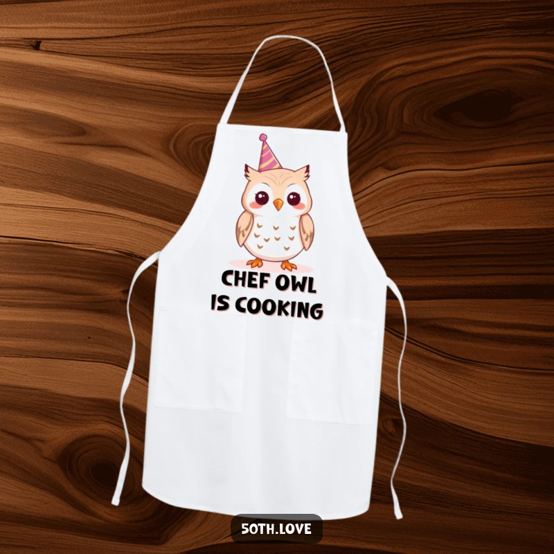 Funny 'Party Owl' Apron: A cheerful owl gleefully toots a tiny party horn, ready to add fun to cooking.