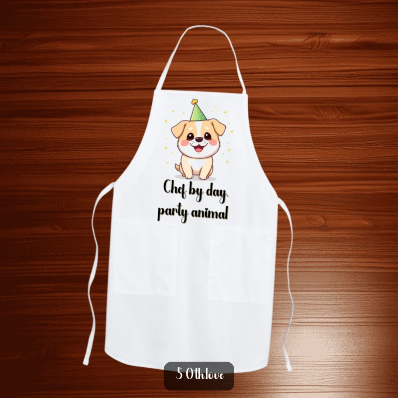 Funny 'Party Dog' Apron: A smiling, round dog in a party hat juggles golden confetti, ready to add fun to cooking.