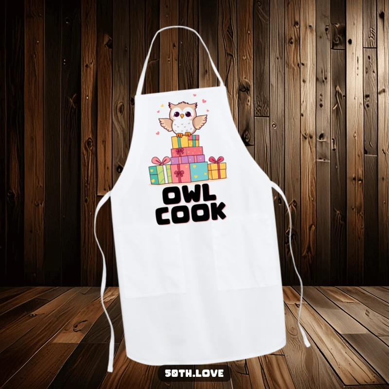 Funny apron depicting a happy owl character hooting with glee on colorful anniversary presents.