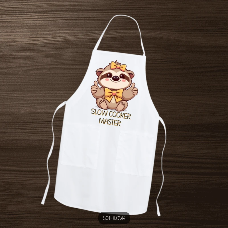 Funny apron featuring a contented sloth in a bow, giving a thumbs-up, perfect for relaxed kitchen fun.