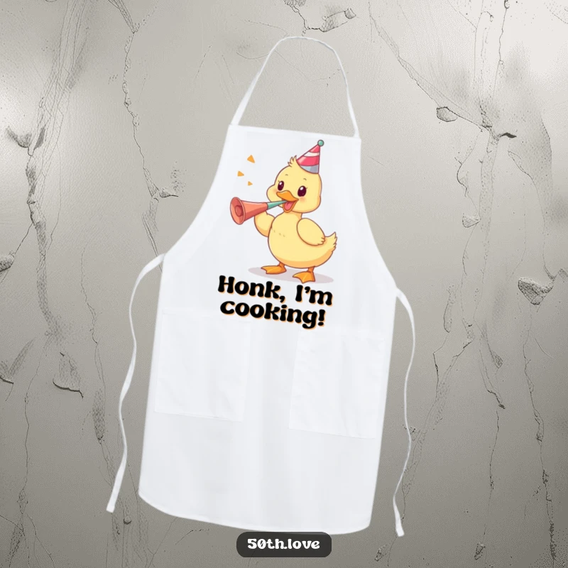 Funny apron showcasing a playful duckling vigorously blowing a party horn, ideal for a humorous and lively cooking experience.