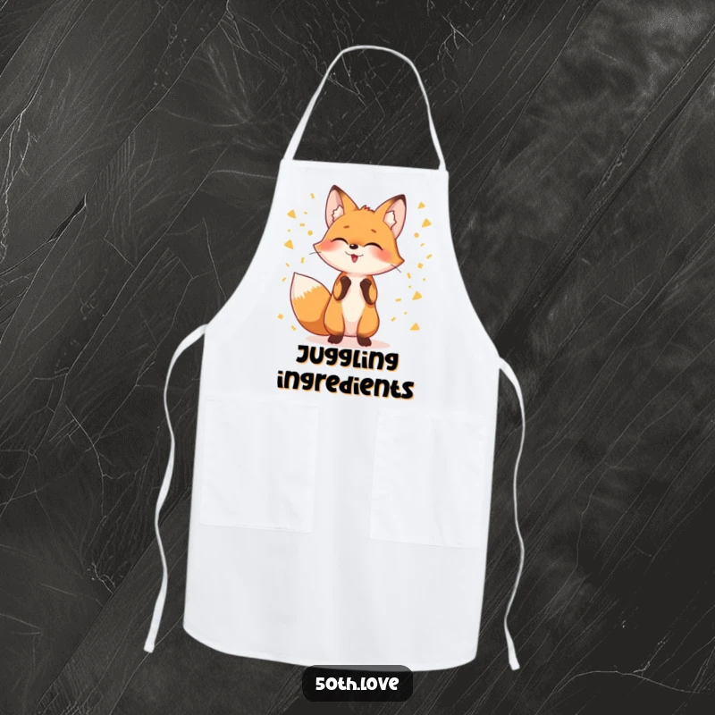 Funny apron showcasing a giggling fox juggling streams of golden confetti, ideal for a humorous cooking experience.