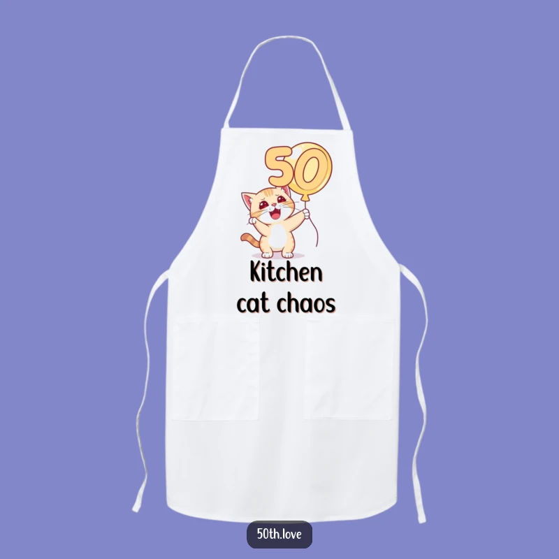 Funny Cat 50th Birthday Apron - Mischievous Balloon Batting Chef