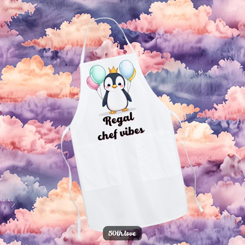 Funny penguin wearing a crown looks at balloons on a cooking apron, perfect for a royal-themed birthday party or kitchen duty.