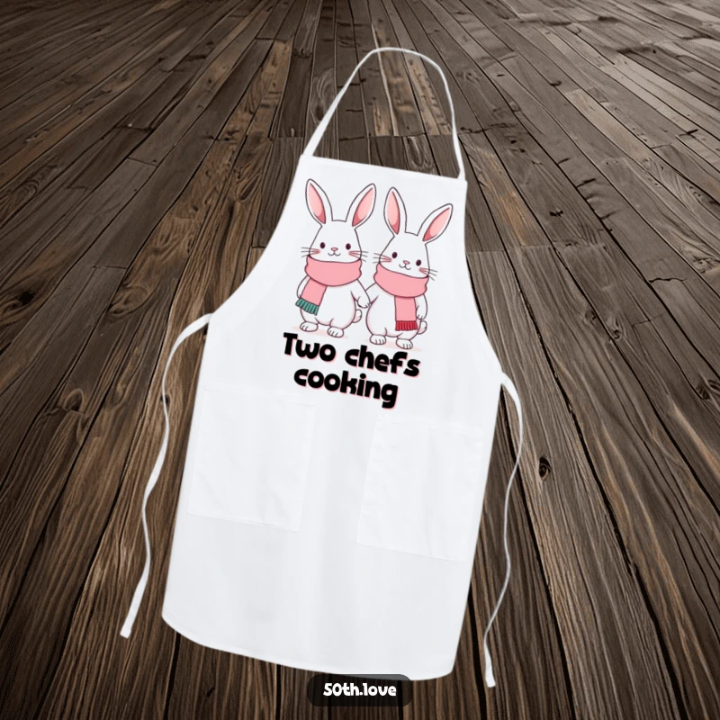 Funny friendship apron featuring two cute bunnies in festive scarves, linked arm-in-arm, for humorous kitchen collaborations.