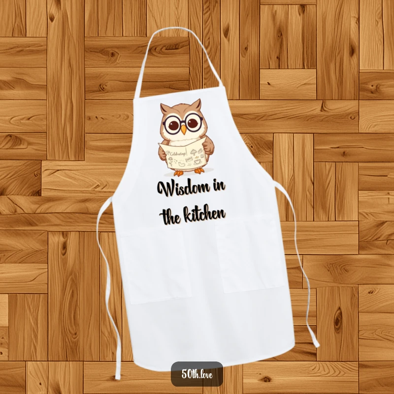 Funny owl apron with spectacles, looking wise and content while reading a scroll showing celebratory drawings.