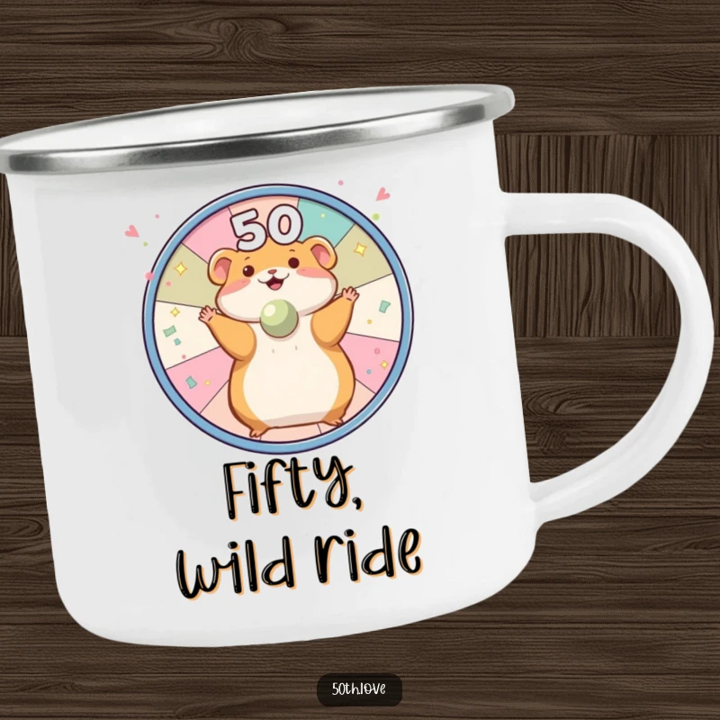 Funny hamster spinning a wheel with confetti and '50' on a rugged camping mug, for energetic outdoor birthday fun.