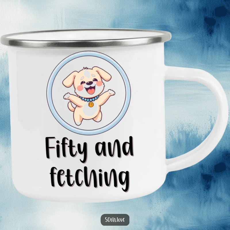 Funny dog camping mug showing a giggling pup in a sequined collar, jumping joyfully through a number 50 hoop in a nature setting.