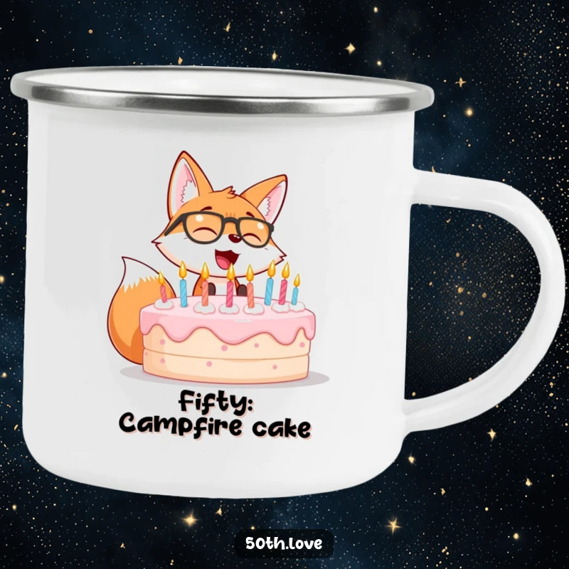 Funny camping mug featuring a giggling fox wearing spectacles, blowing out candles on a big birthday cake.