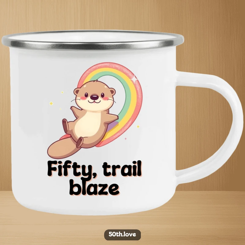 Funny otter sliding down a rainbow toward number 50 on a rugged camping mug, ideal for outdoor 50th birthday celebrations.