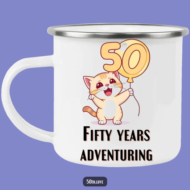 Funny Cat 50th Birthday Camping Mug - Mischievous Balloon Batting Kitty