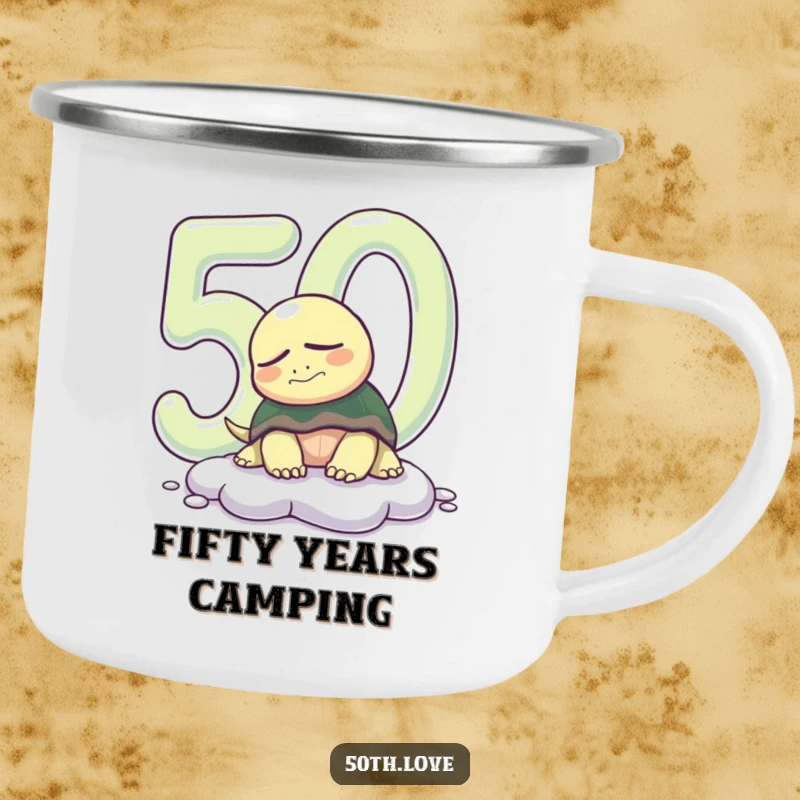 Funny 50th birthday camping mug with a sleepy turtle emerging from a '50', perfect for slow sips during outdoor celebrations.