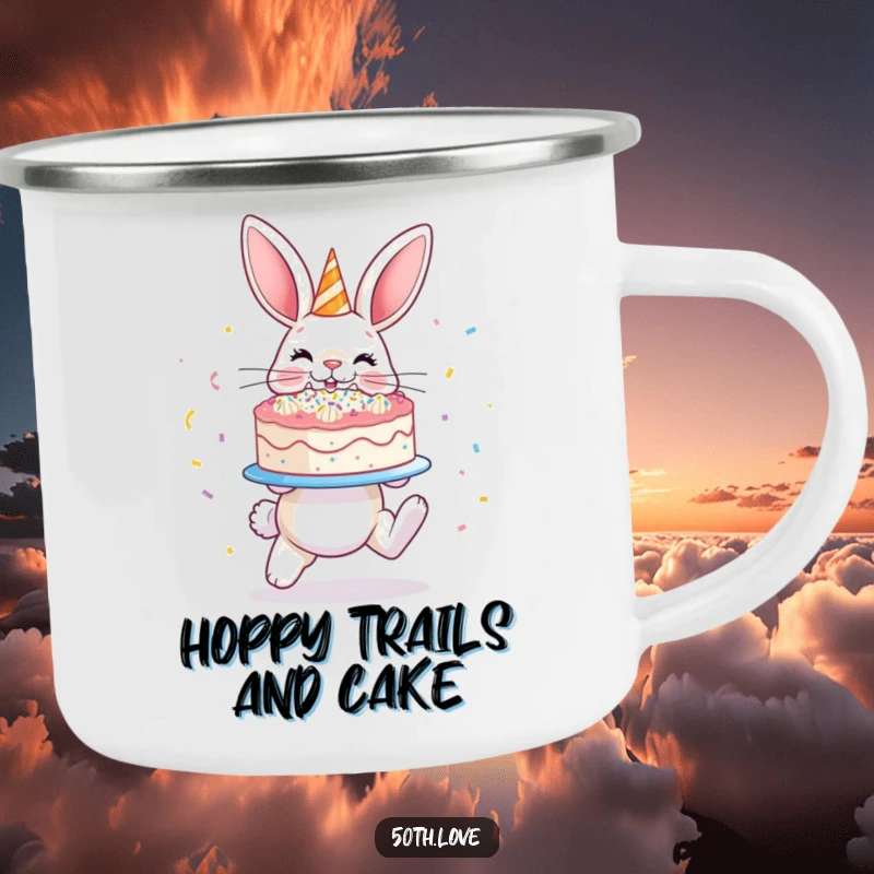 Funny 'Bunny Cake' Camping Mug: A hopping bunny presents a confetti-covered cake, perfect for outdoor celebrations and warm drinks.