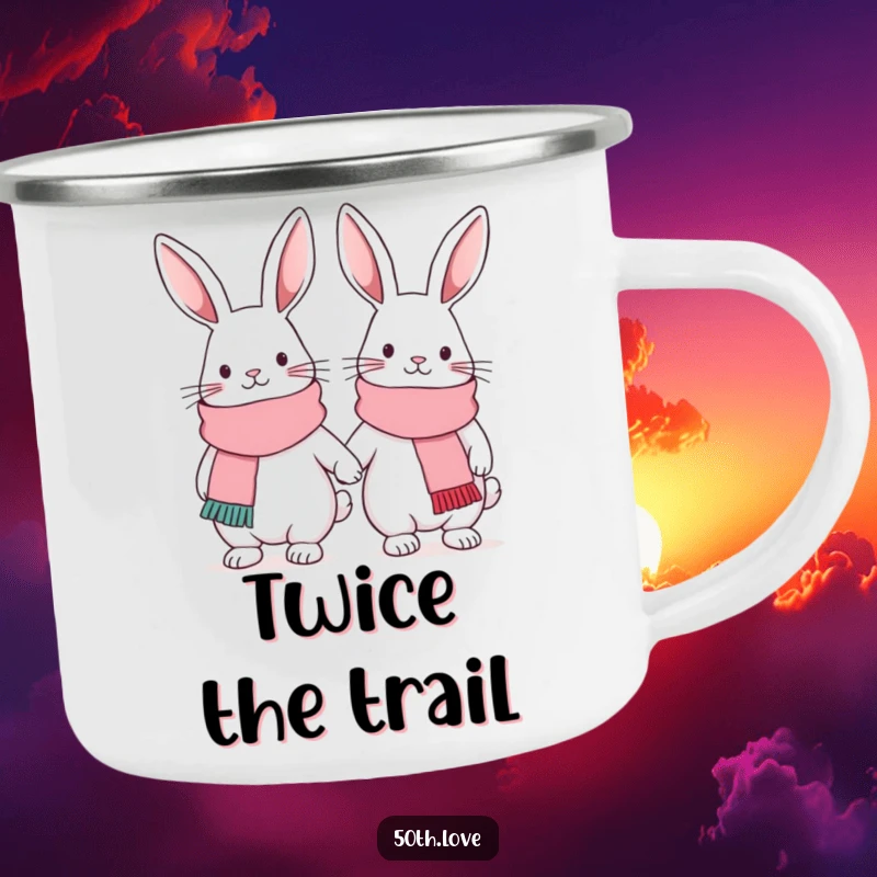 Funny friendship camping mug with two cute bunnies in festive scarves, linked arm-in-arm, for humorous outdoor adventures.