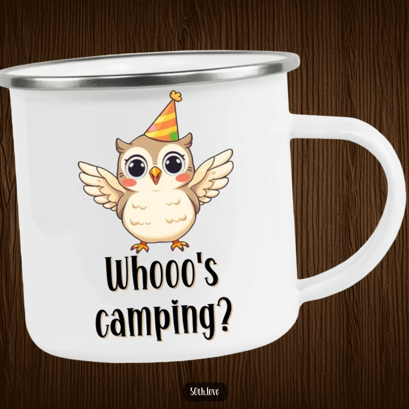 Funny camping mug showing a cheerful owl wearing a party hat and flapping its wings, perfect for outdoor celebrations.