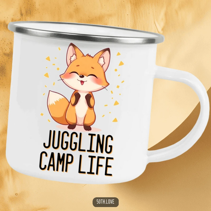 Funny camping mug showing a giggling fox juggling golden confetti, perfect for outdoor adventures and cheerful mornings.