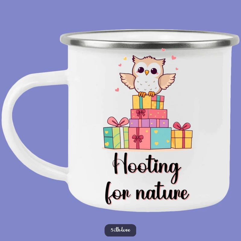Funny Owl Anniversary Camping Mug: Happy Character Hooting on Gift Stack Cup