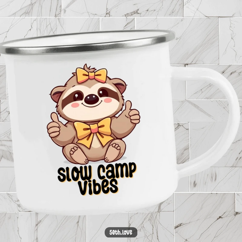 Funny camping mug featuring a contented sloth with a bow, giving a thumbs-up, perfect for outdoor relaxation.