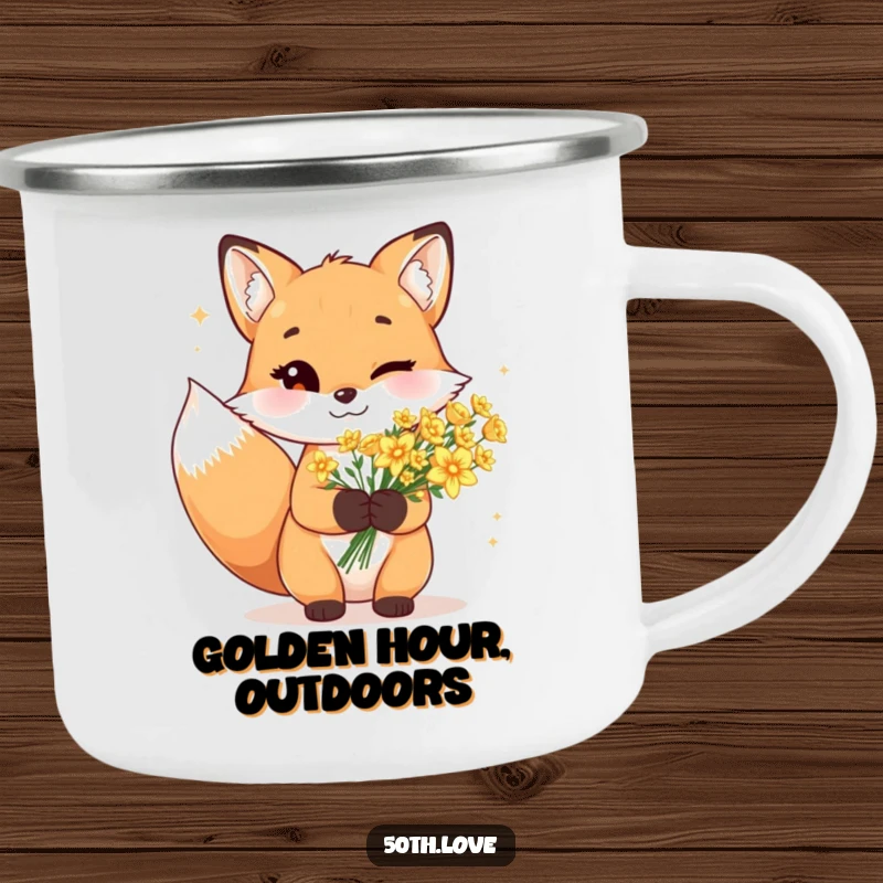 Funny fox camping mug with a cheerful wink, holding a bouquet of sparkling golden flowers in a rustic setting.
