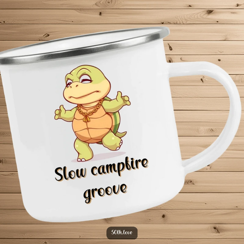 Funny 50th birthday camping mug with an elderly turtle in a gold chain, doing a slow dance, for humorous outdoor moments.