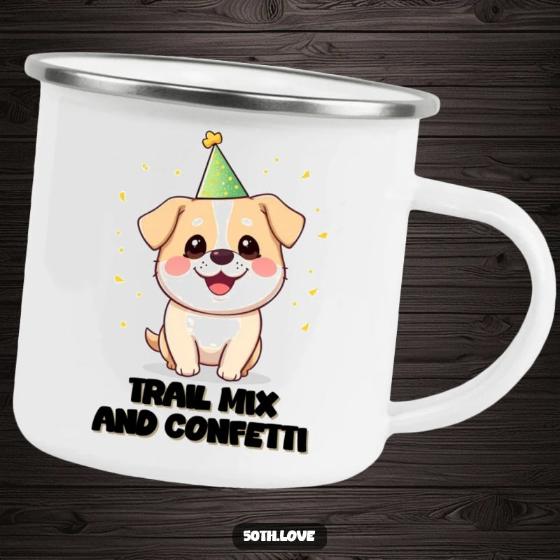 Funny 'Party Dog' Camping Mug: A smiling dog in a party hat juggles golden confetti, ready for outdoor fun and drinks.