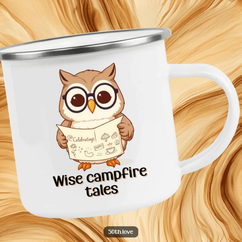 Funny owl camping mug with spectacles, contentedly reading a scroll filled with celebratory drawings in an outdoor setting.