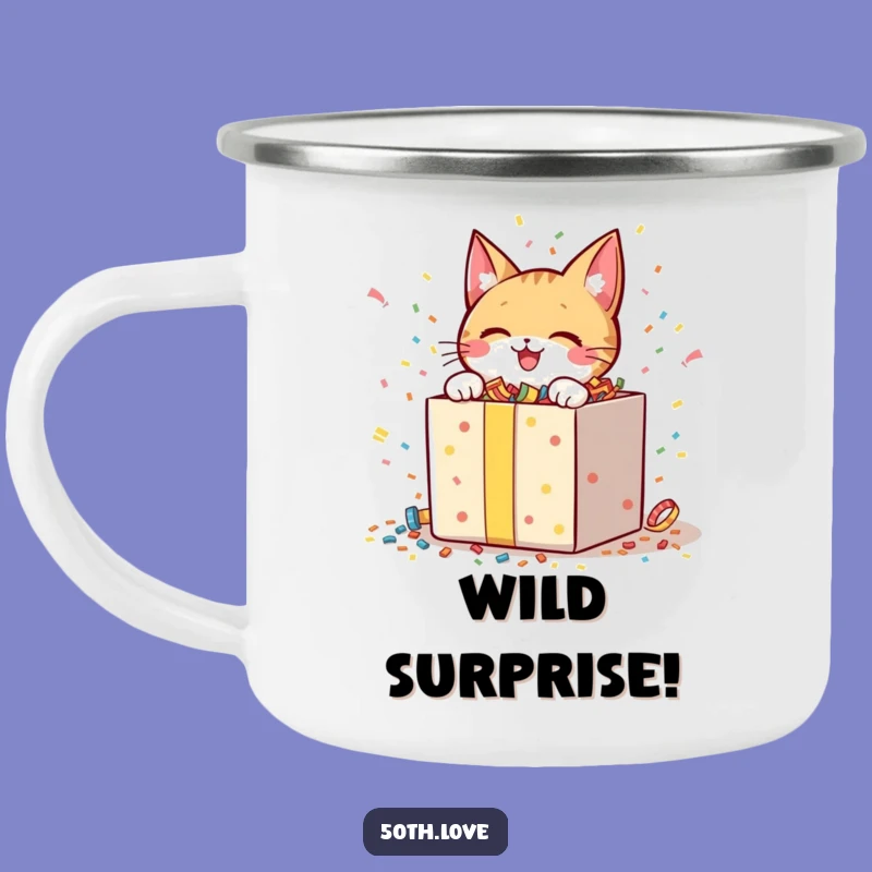 Funny Cat Unboxing Camping Mug: Cheerful Character Opening Confetti Gift Cup