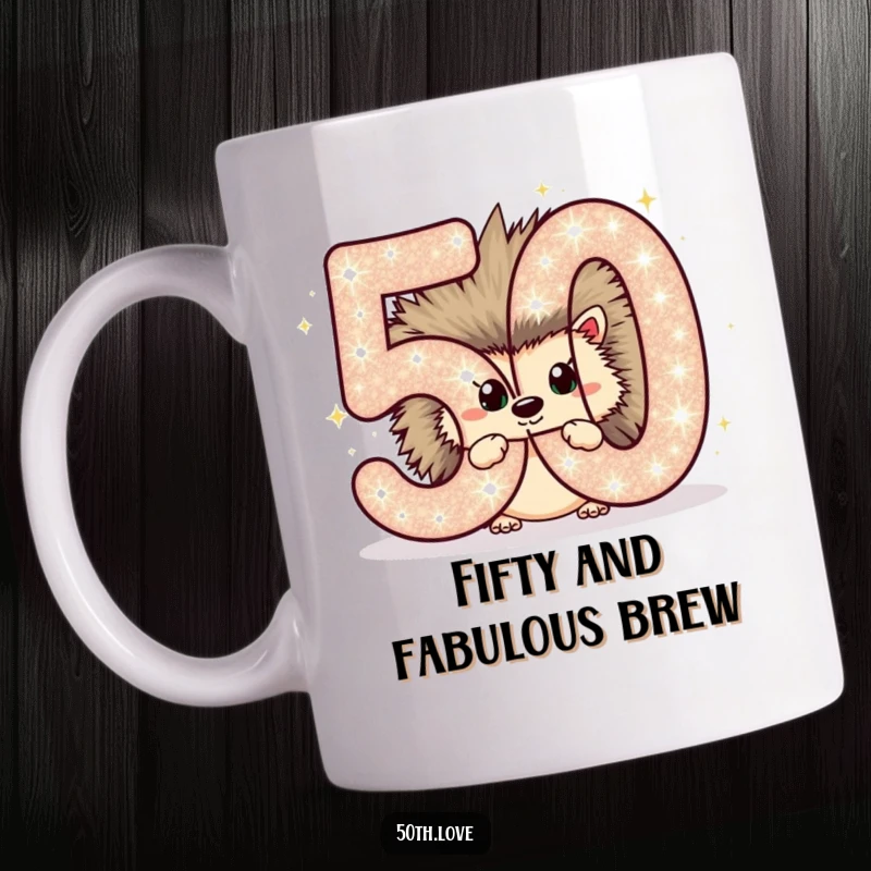 Funny mug with a chubby hedgehog peeking behind a sparkling number 50, celebrating a milestone birthday.