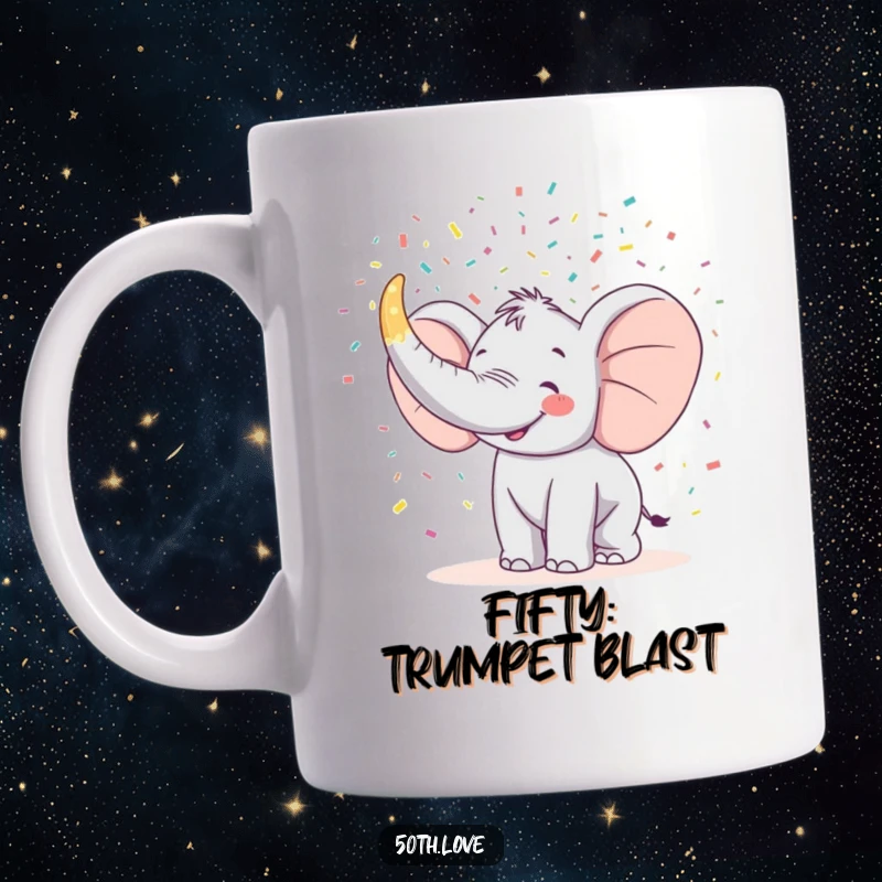 Funny mug with a happy elephant blasting confetti from a giant horn shaped like the number 50.