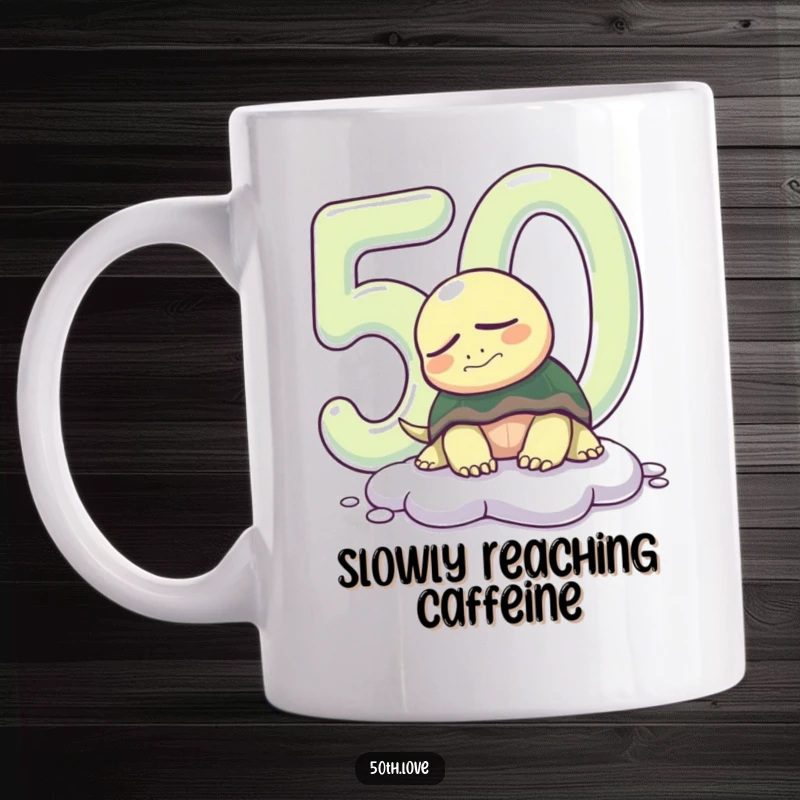 Funny 50th birthday mug featuring a sleepy turtle emerging from a giant '50', symbolizing a slow and steady approach to aging.