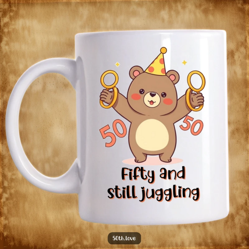 Funny mug featuring a cheerful bear in a party hat, expertly juggling five golden rings next to a prominent number 50.