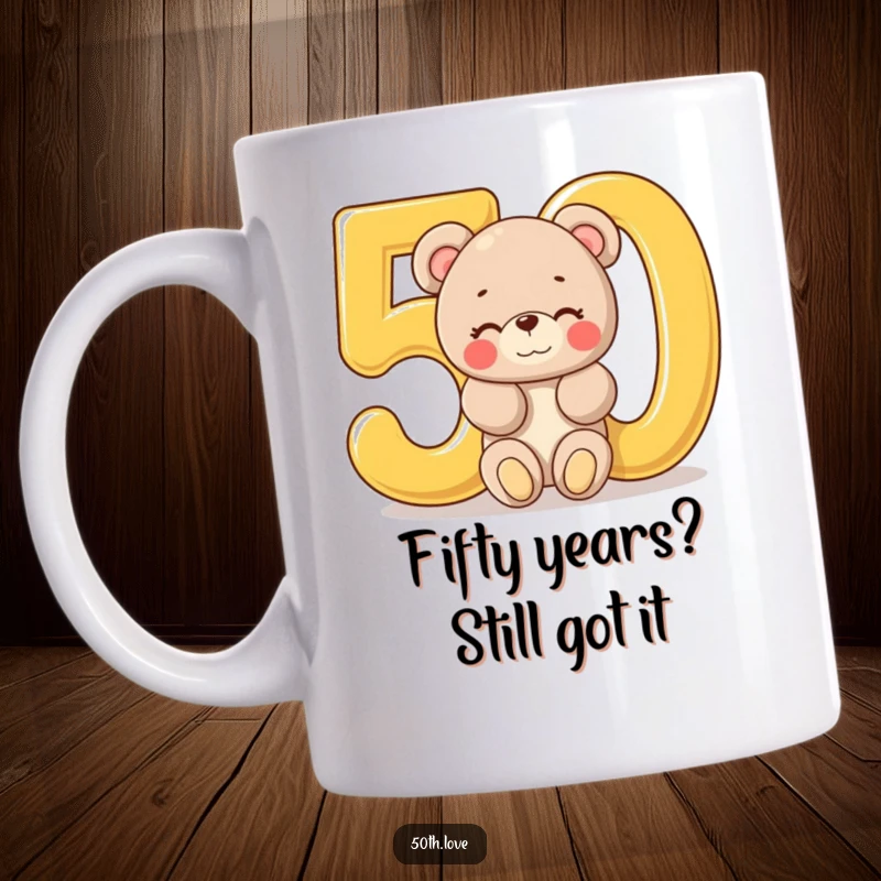 Funny '50th Birthday Bear' Mug: A cute plush bear winks from a giant golden number 50, perfect for a birthday celebration.