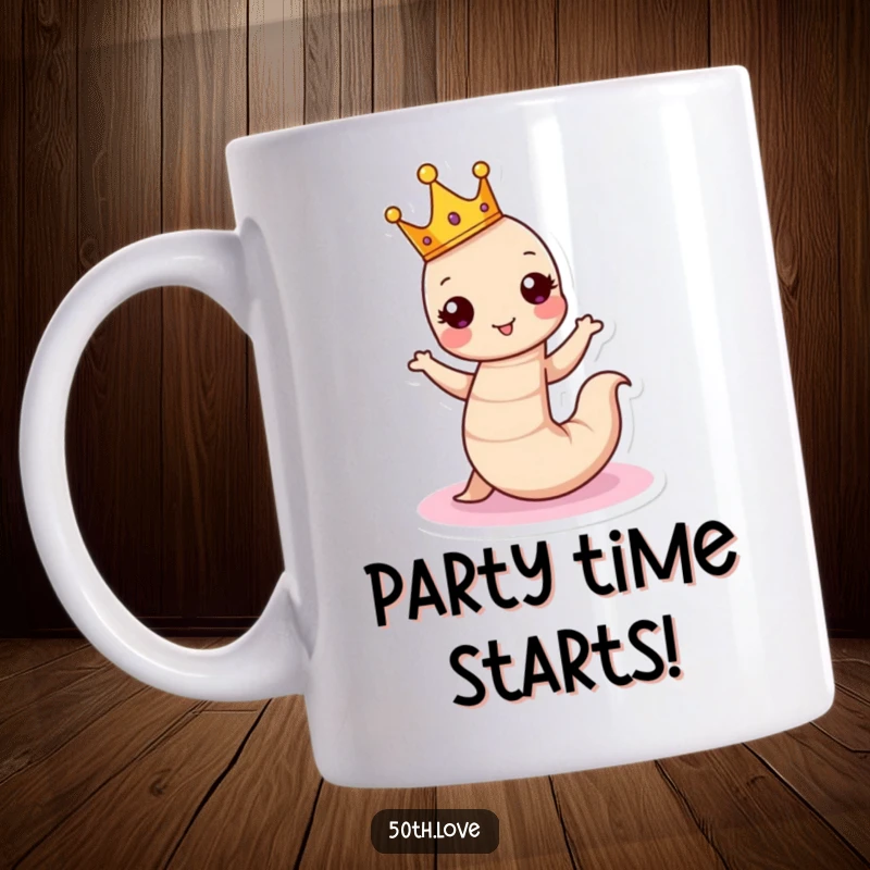 Funny birthday mug featuring a wiggling worm wearing a tiny crown, dancing with joy around a birthday cake.