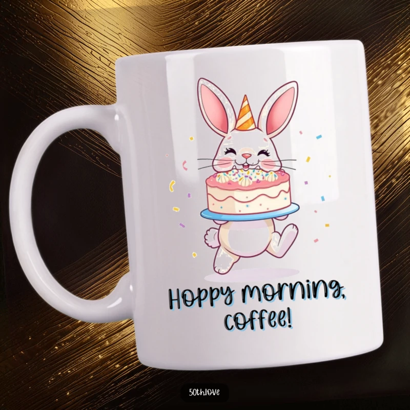 Funny 'Bunny Cake' Mug: A hopping bunny proudly presents a glistening, confetti-covered cake with joy.