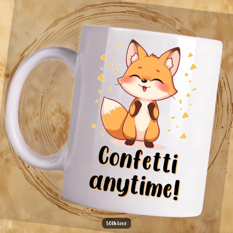Funny fox mug with a giggling fox expertly juggling streams of golden confetti, celebrating joy and festivities.