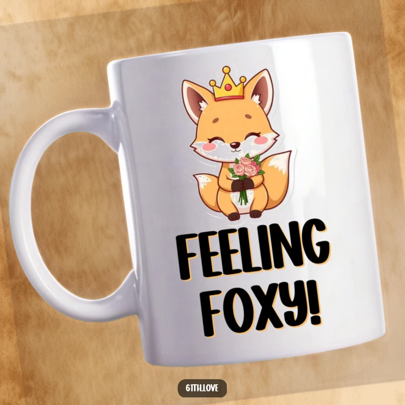 Funny mug showing a giggling fox in a silly crown, winking and holding a vibrant bouquet of flowers.