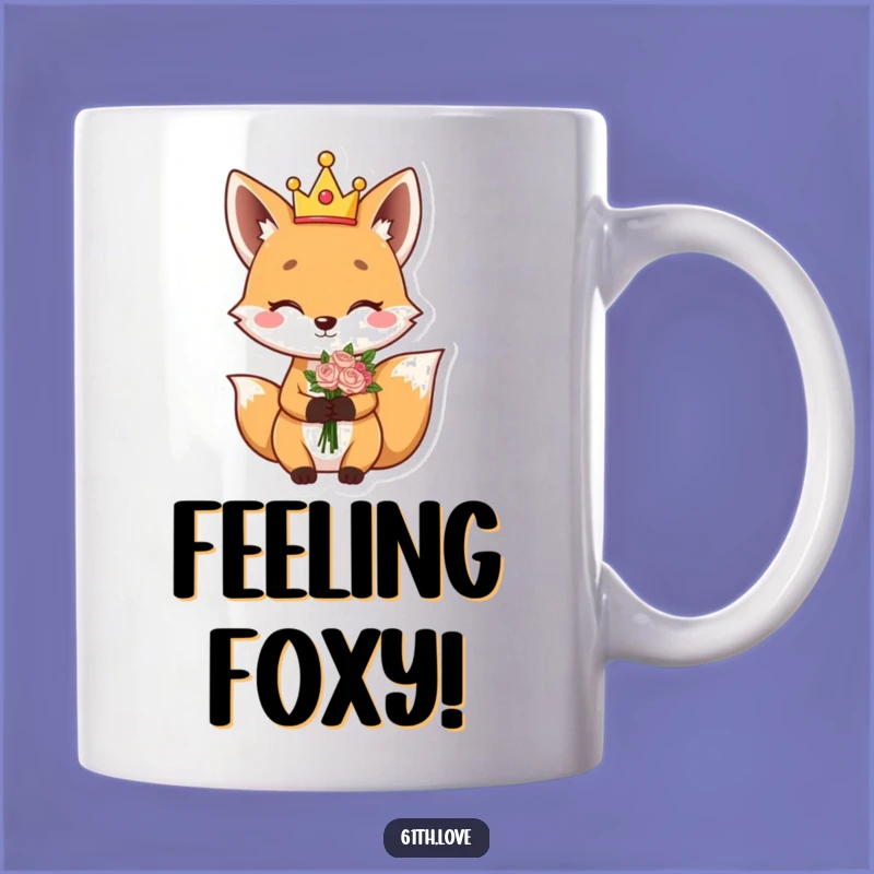 Funny Fox King Mug: Giggling Character Winks Holding Flower Bouquet Gift