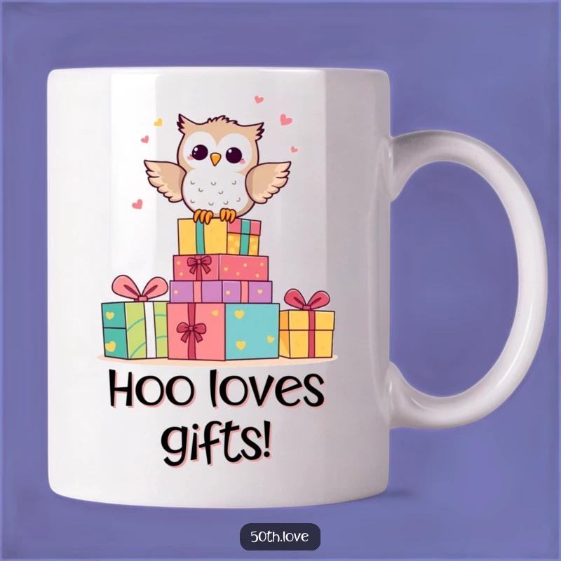 Funny Owl Anniversary Mug: Happy Character Hooting on Gift Stack