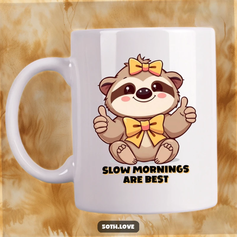Funny mug featuring a contented sloth in a festive bow, giving a relaxed thumbs-up, radiating happiness.