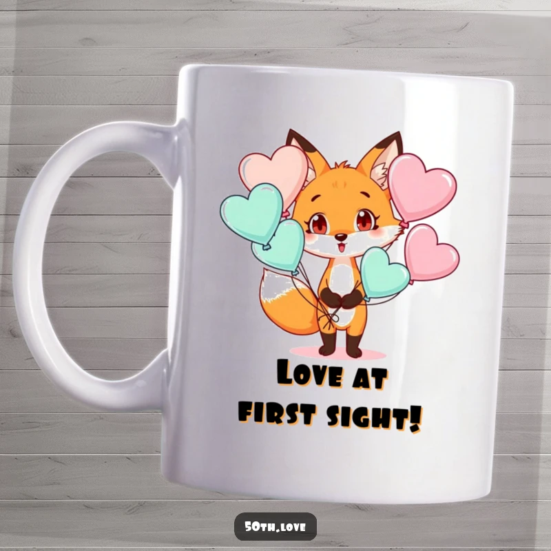 Funny mug featuring a fox with a comically surprised expression, holding a vibrant bunch of heart-shaped balloons.