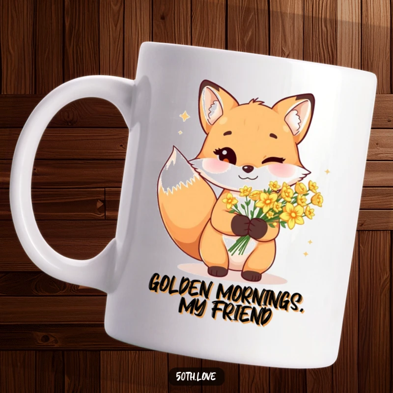 Funny fox mug with a cheerful expression, winking and holding a radiant bouquet of sparkling golden flowers.