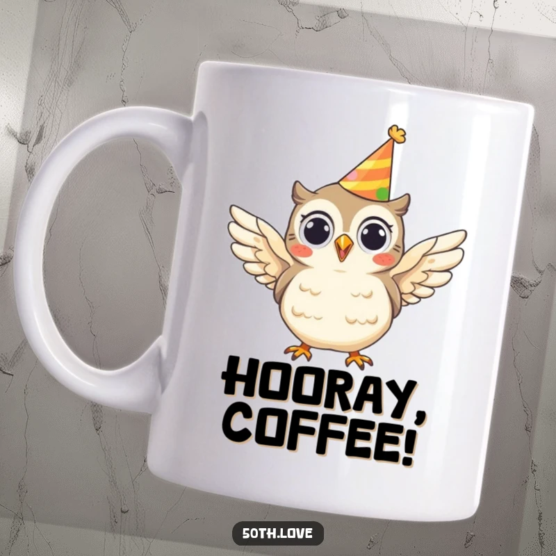 Funny owl mug with a cheerful owl wearing a party hat and flapping its wings excitedly, symbolizing wisdom and celebration.