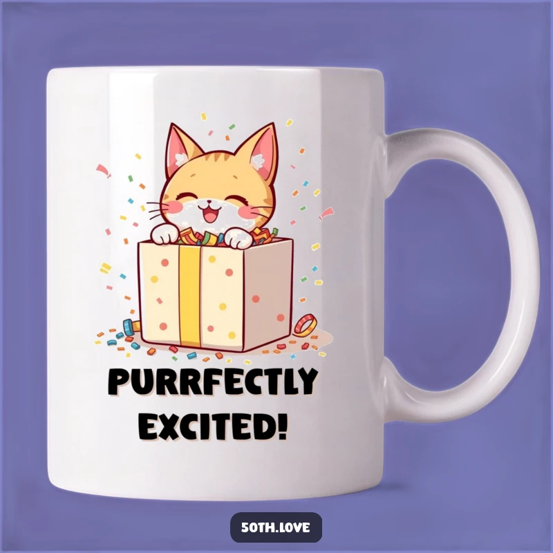 Funny Cat Unboxing Mug: Cheerful Character Excitedly Opening Confetti Gift Box