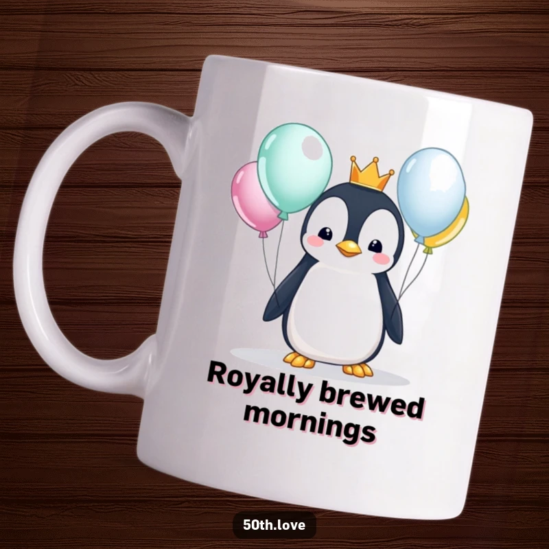 Funny penguin wearing a small golden crown, curiously looking at shiny balloons, on a mug, celebrating a majestic birthday.