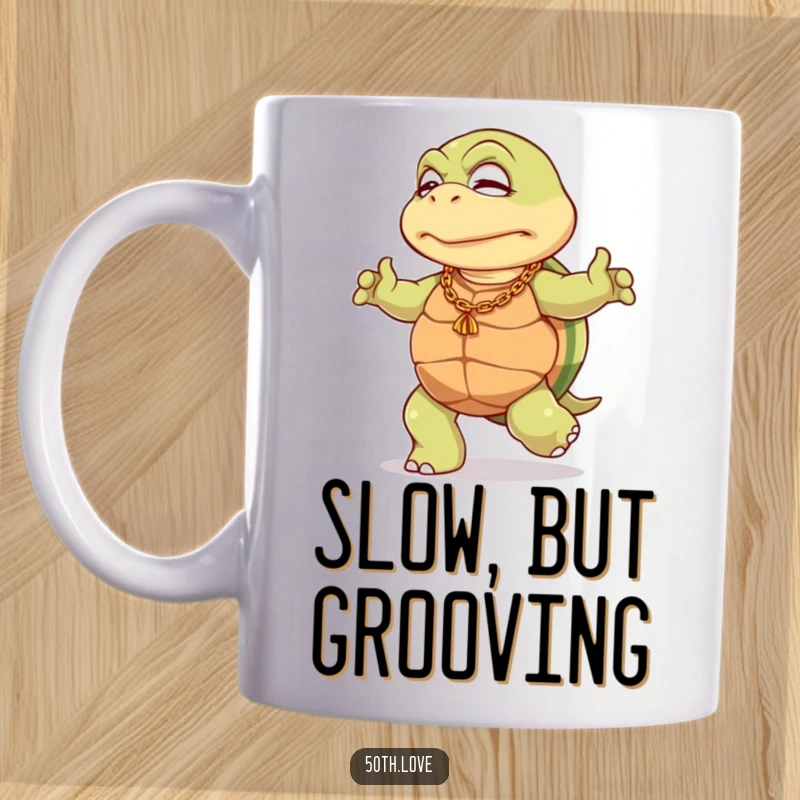 Funny 50th birthday mug featuring an elderly turtle in a gold chain, doing a slow, dignified dance, celebrating with cool moves.